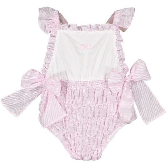 Pink Seersucker Cotton Frilled Swimsuit