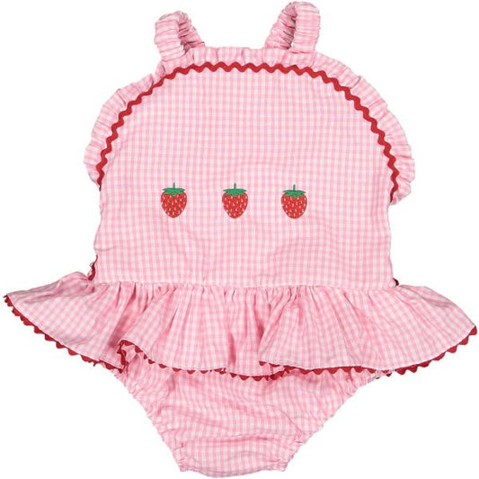 Gingham Mix Pink Cotton Frilled Swimsuit