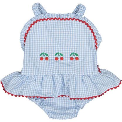 Gingham Mix Blue Cotton Frilled Swimsuit