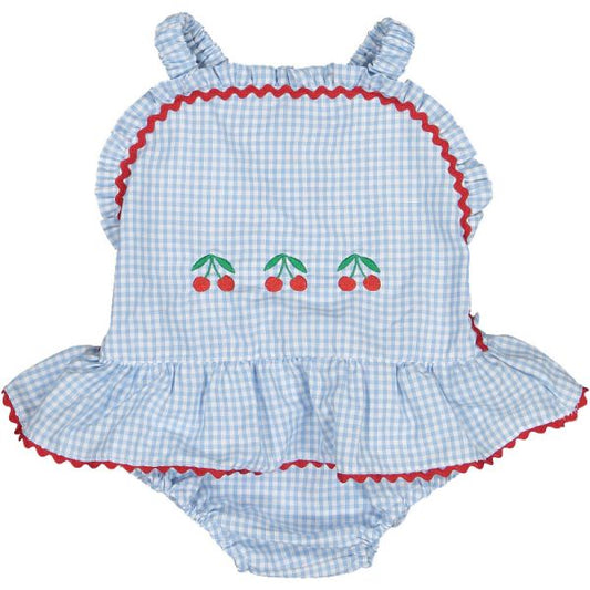 Gingham Mix Blue Cotton Frilled Swimsuit