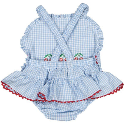 Gingham Mix Blue Cotton Frilled Swimsuit