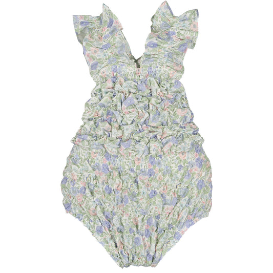 SAMPLE Blue Floral Cotton Frilled Swimsuit