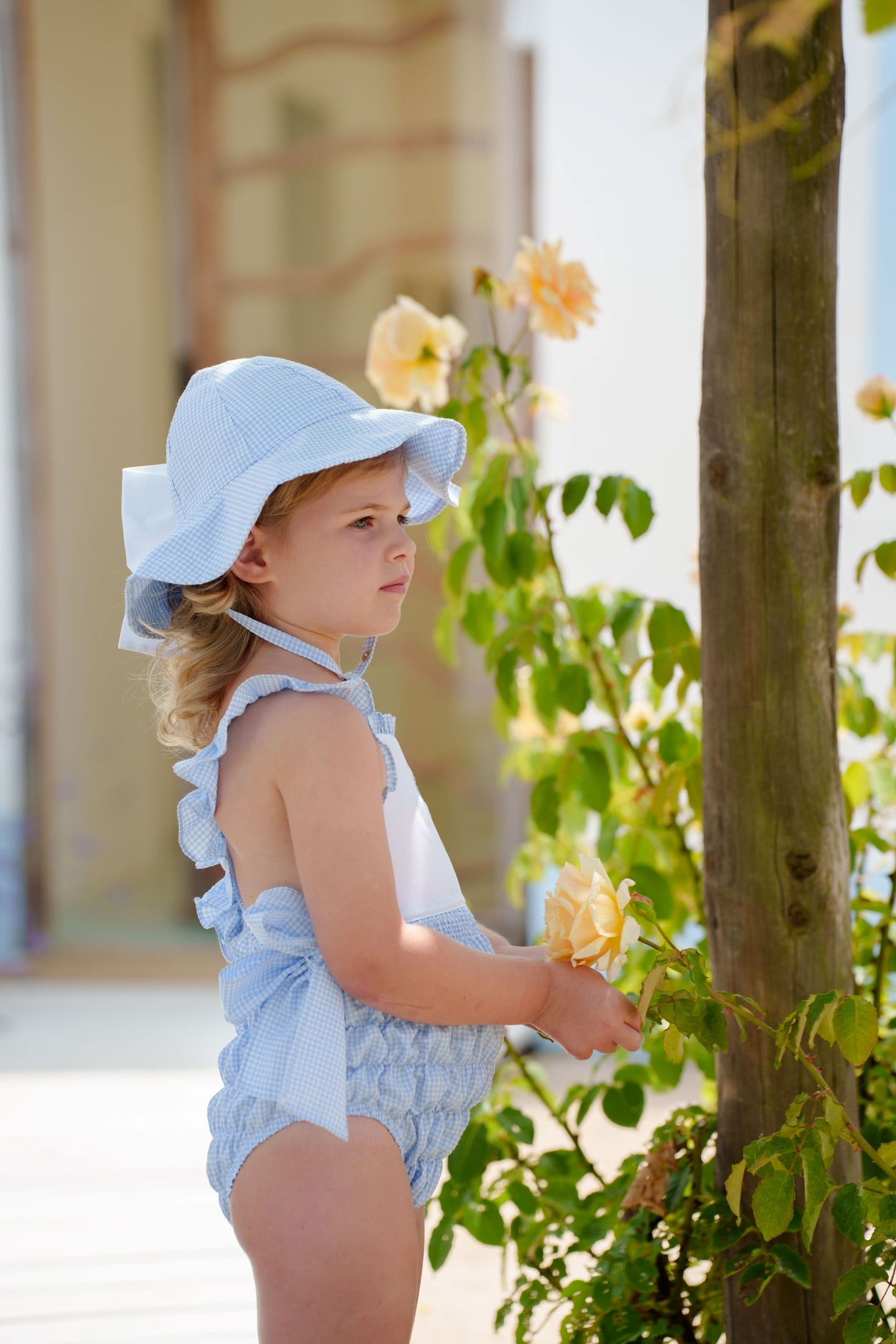 SAMPLE Mini Blue Gingham Cotton Frilled Swimsuit