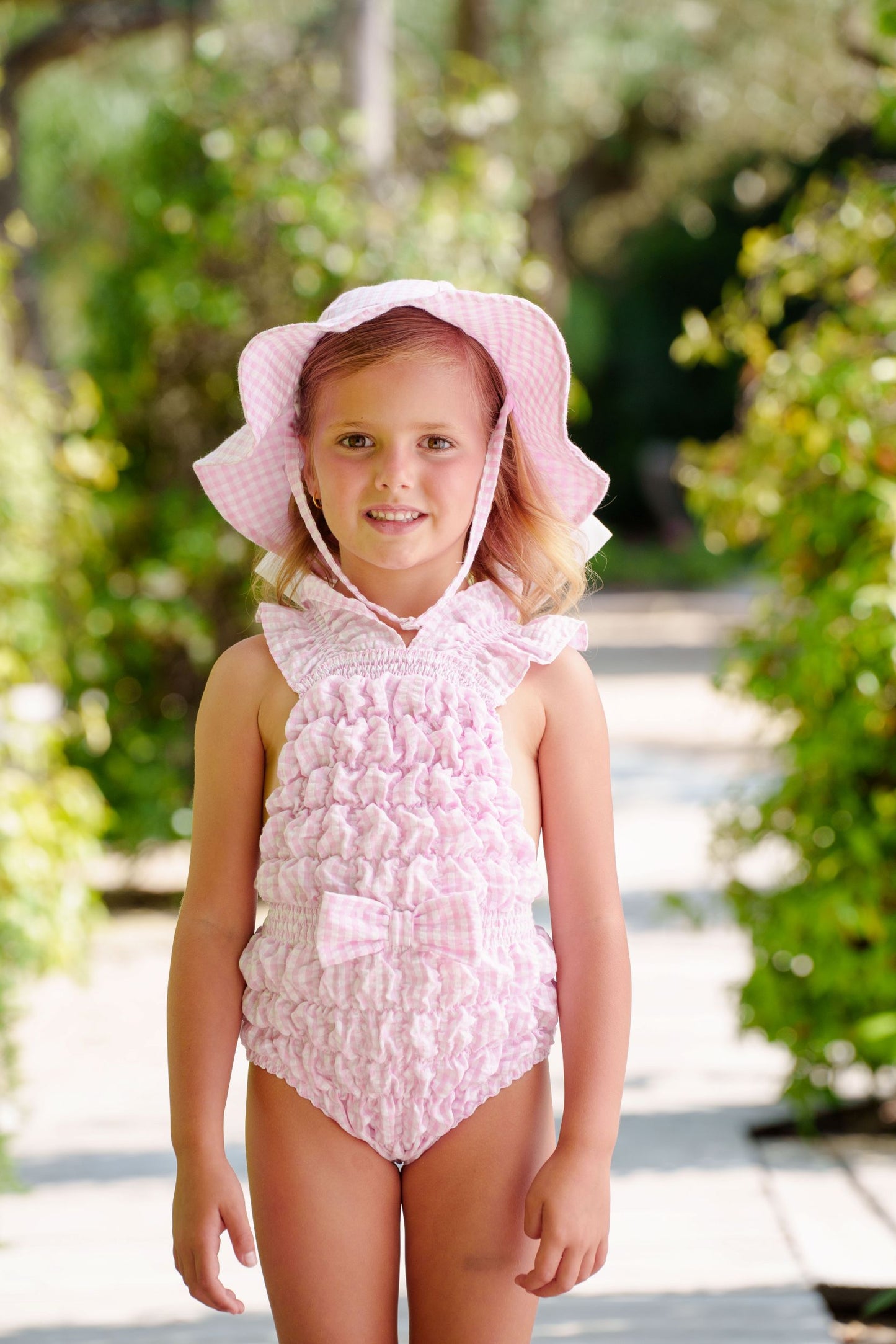 SAMPLE Pink Gingham Cotton Frilled Swimsuit