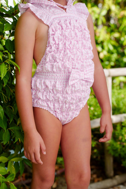 SAMPLE Pink Gingham Cotton Frilled Swimsuit