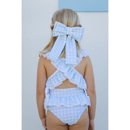 Gingham Blue Lycra Big Hair Clip